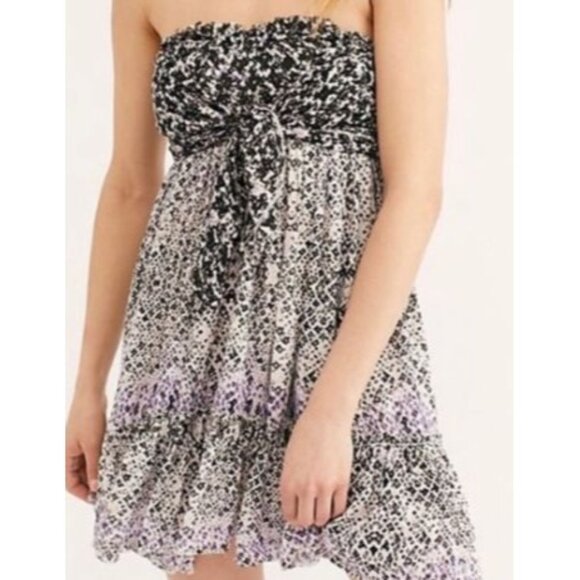 Free People Strapless Mini Dress  S Boho Vacation Tie-Front Ruffle Hem Resort we - Picture 1 of 16
